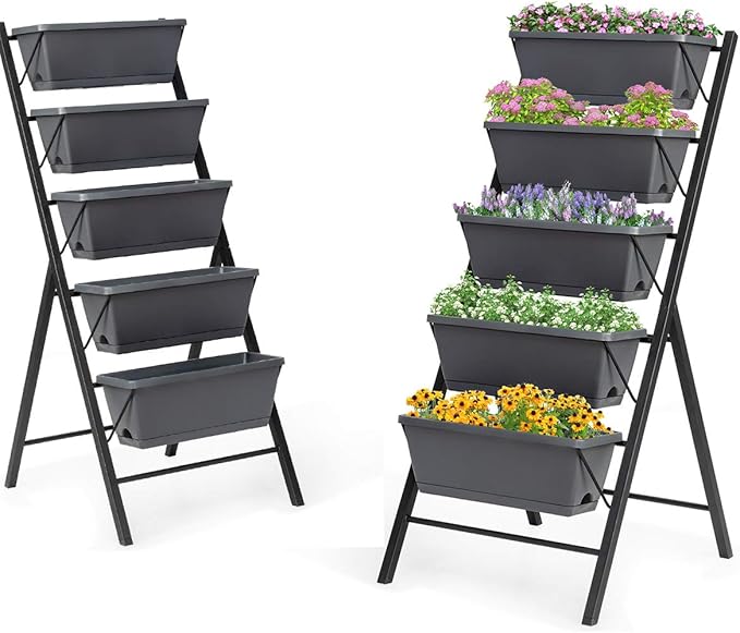 Giantex Set of 2 Vertical Raised Garden Bed Elevated Planter Raised Beds with Water Drainage Freestanding 5 Container Boxes for Vegetables and Flowers Growing Outdoor Indoor Patio Balcony