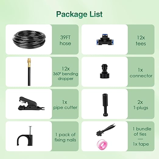 39FT Garden Mister System Automatic Garden Watering System with 360-degree Bending Dropper Atomizing Copper Nozzle Drip Irrigation System for Garden Greenhouse Yard Lawn Plant (12 Spray Nozzles)