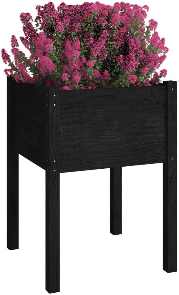Planter Black Solid Pinewood Outdoor Garden Planter Square 19.7x19.7x27.6 in Durable Raised Garden Bed for Flowers Patio and Balcony