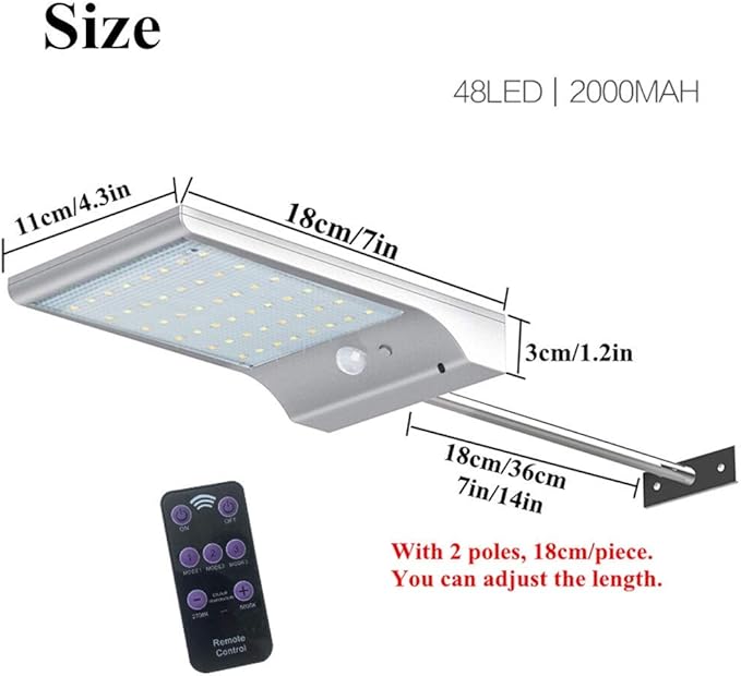 Landscape Lights Outdoors Solar Light 48 LEDs PIR Motion Sensor Solar Powered Lamps with Extension Rod for Garden Lighting Waterproof with Pole LED Street Lamp (Black Without Pole)
