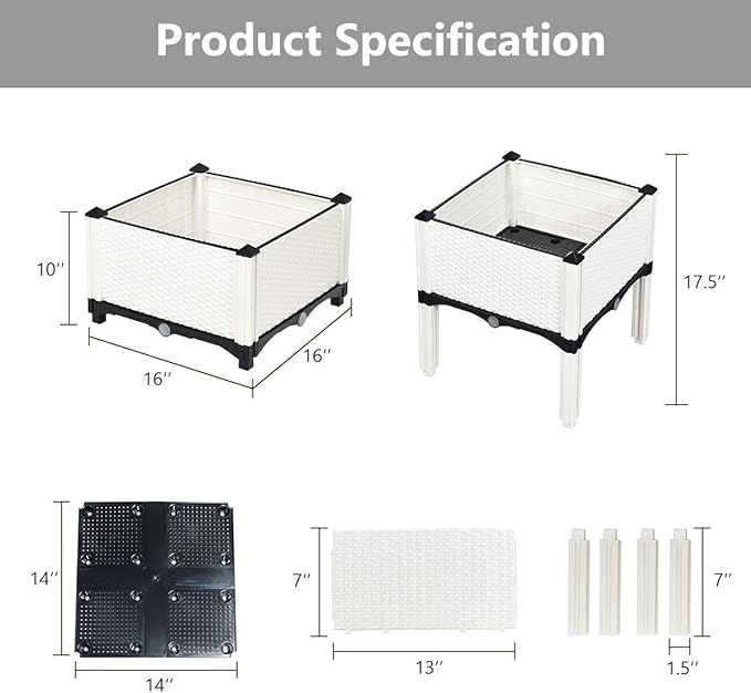 Giantex Raised Garden Bed Set of 4 Planter Raised Beds Kits with Drain Holes for Fruit Flowers Vegetables Outdoor Elevated Planting Box for Lawn Patio Balcony Easy Assembly Rattan-Like Look White