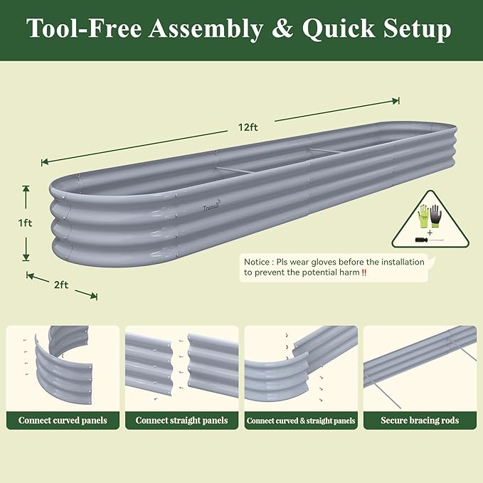 6-Pack 12×2×1ft Galvanized Raised Garden Bed Kit - Oval Large Metal Planter Box with Easy Tool-Free Assembly for Vegetable Flower Herb Outdoor Backyard Patio Kitchen Garden Family-Friendly