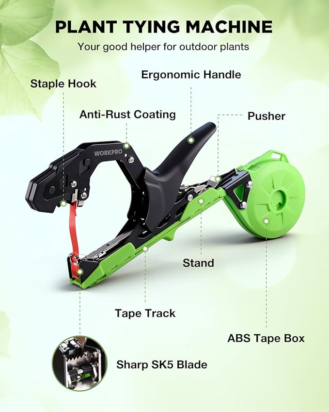 WORKPRO Plant Tying Machine with 6 Scissors Lightweight Tape Gun for Tying Vines and Support Plant Includes Gloves 20 Rolls of Tape 10000 Staples Ideal for Tomatoes Grapes Cucumber Vegetables