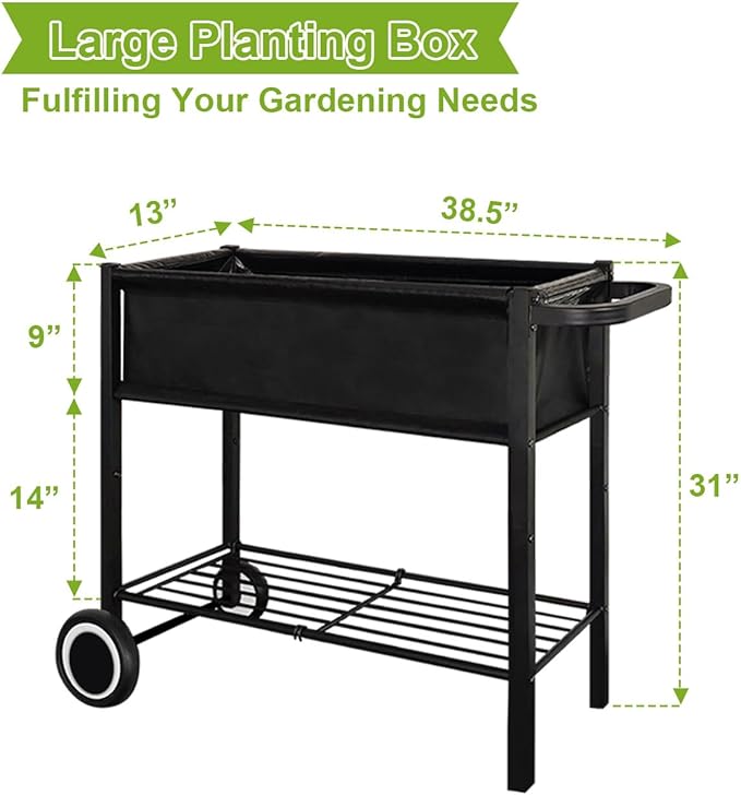 Raised Garden Bed with Legs for Outdoor Plants Standing Elevated Planter Box Cart on Wheels for Vegetables Flower Herb Patio Black