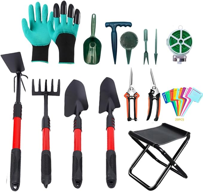 33-Piece Garden Tool Set with Ergonomic Handles Rust-Proof Durable Gardening Hand Tools Gardening ShearsPortable Stool (Set-33pcs)