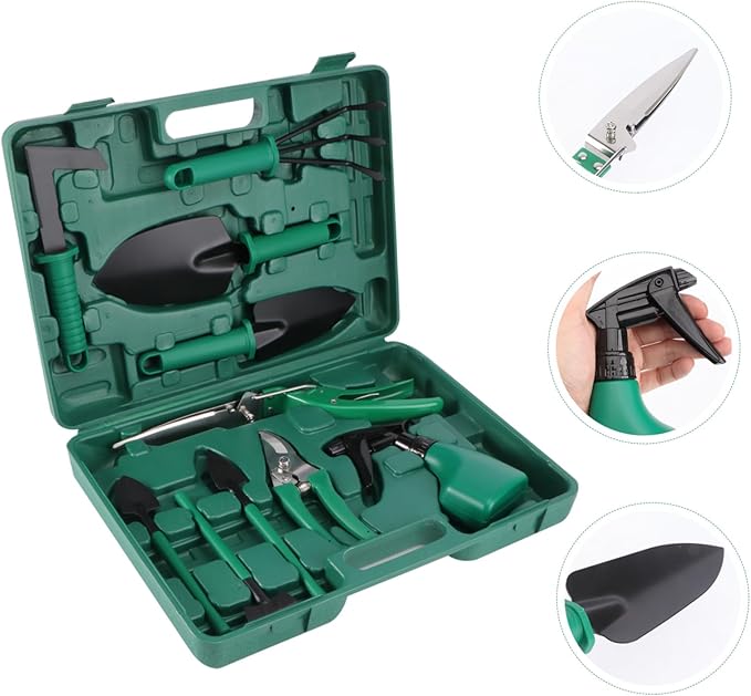 BESPORTBLE Garden Tool Set Case 10-Piece Kit with Trowel Shovel Hoe Weeder Spade Cultivator Pruning Shears Water Sprayer and Bag for Easy Organization