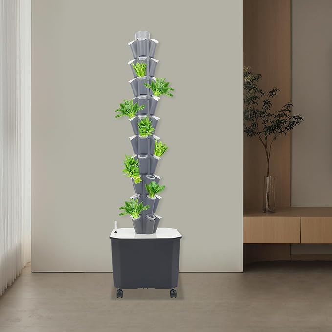 Vertical Hydroponics Growing Kit Modular Hydroponic Tower with Water Pump &amp Timer Function Mobile Hydroponic Growing Kit for Leafy Vegetables Strawberries &amp Chilies (Grey 10 Layer-50 Plant)