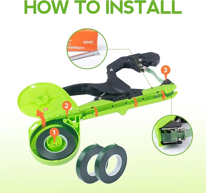 Plant Tying Machine - Lightweight Garden Plant Tie Tool Gardening Tape Gun with 23 Rolls Green Tape &amp 10000 Staples for Tomatoes Peppers Grapes Vining Vegetables