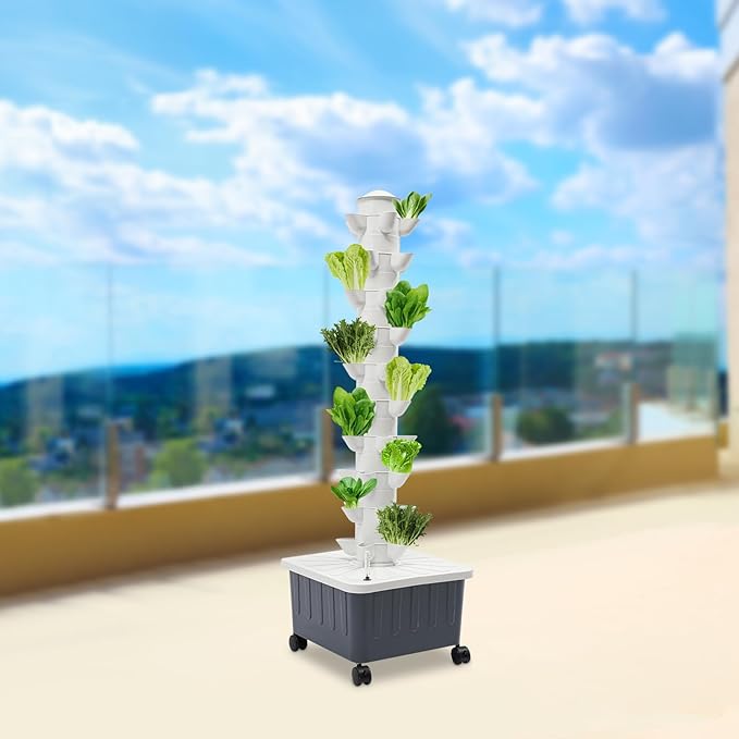 Hydroponic Growing System Indoor Garden Kit 50-Plant Vertical Design with Auto-Watering Pump &amp 5.28Gal Mobile Tank - 12V Energy Saving Lockable Wheels Durable PP for Vegetables/Herbs/Flowers