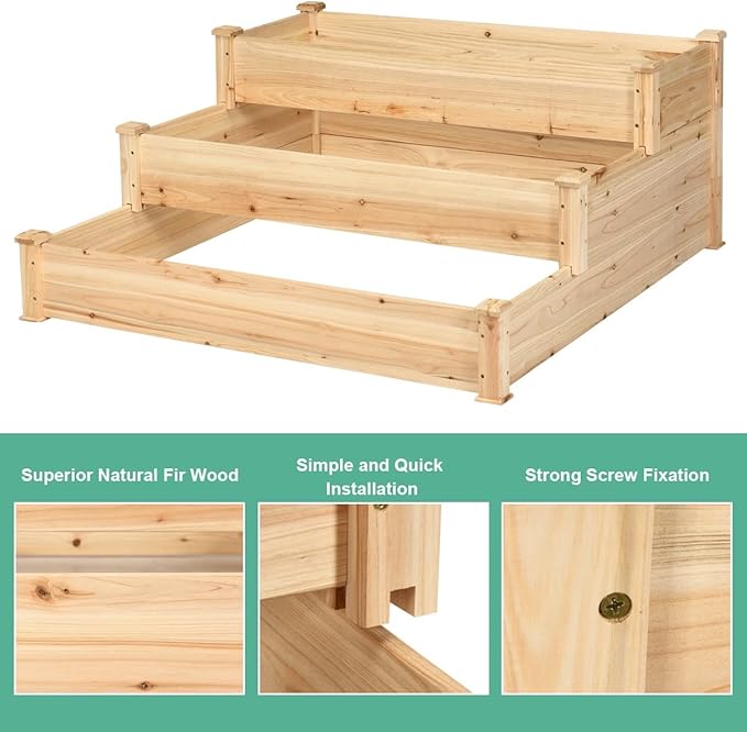 S AFSTAR 3-Tier Raised Garden Bed Wood Elevated Planter Box with 3 Dividable Bed Kit Outdoor Above Ground Garden Beds for Plants Herbs Vegetables Stackable &amp Flat Arrangement 49L x 49W x 22