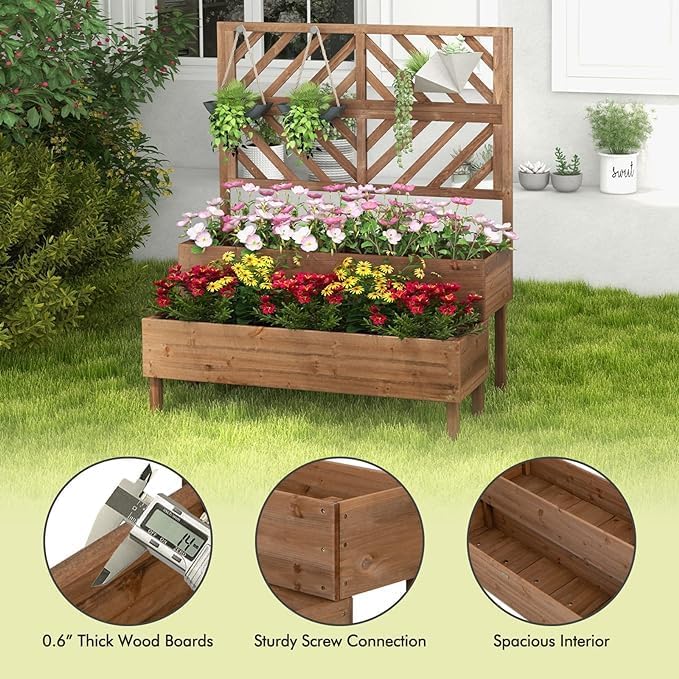 Nightcore Outdoor Elevated Garden Bed with TrellisRaised Garden Bed with Legs &amp Drain Holes2-Tier Wooden Planter Box for Vegetable Fruit Herb