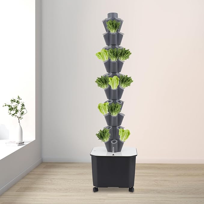 Hydroponics Vertical Growing Kit 10 Tiers 50 Planting Holes Hydroponic Growing Kit Vertical Plant-Growing Kit with 5 Wheels (4 with Brakes) for Gardening Lover (Grey)