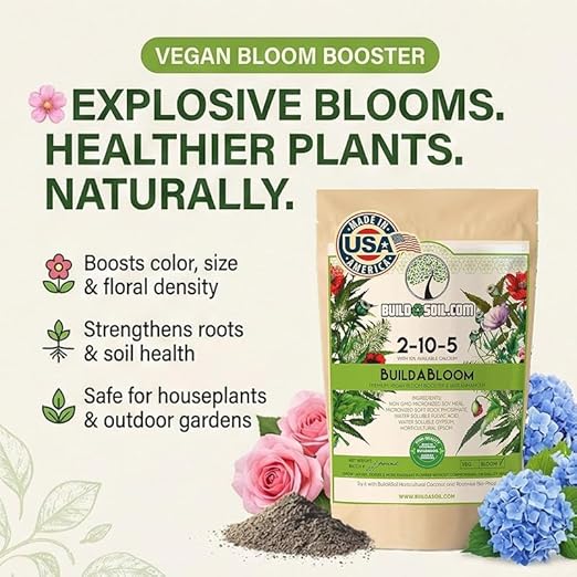 BuildASoil Vegan Bloom Booster &amp Flower Fertilizer - Plant Food for Organic Hydrangea Roses Hibiscus and Vegetables - Natural Soil Flower Food - Best Fertilizer for Vegetable Garden - 1 LB Bag