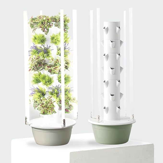 Flora Indoor Hydroponic Garden Tower with LED Grow Lights - Self-Watering Hydroponics System with Pump Adapter and Net Pots for Growing Herbs &amp Vegetables