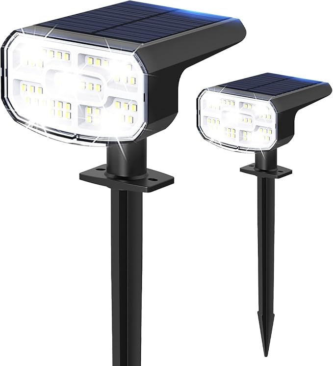 Solar Lights Outdoor Waterproof IP65 Super Bright LED 6500K 2 Lighting Modes Solar Powered Yard Garden Solar Spot Lights for Outside Landscape Auto On/Off -2 Pack