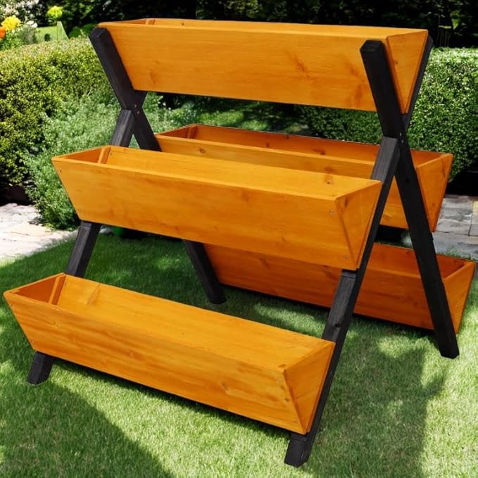 Raised Garden Bed 3 Tier Planter Boxes Outdoor with Non-Woven Bottom Fir Wood Raised Flower Bed Raised Beds for Gardening Vegetables Fruits Flowers 34.6x29.5x32.6 (Brown)