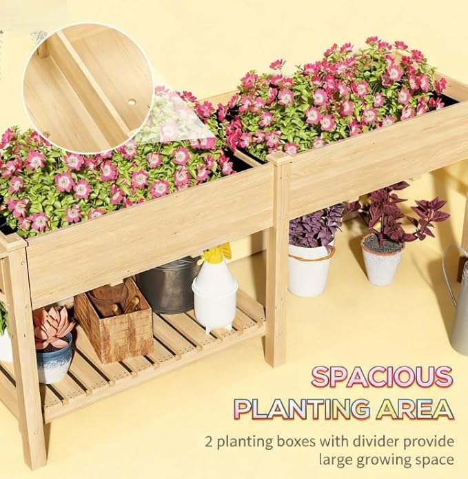 Elevated Garden BedWood Raised GBoxwith Side TableBottom ShelfBed Liners and Drainage Holes