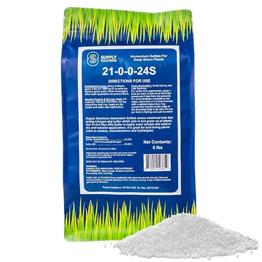 Supply Solutions Ammonium Sulfate Fertilizer 21-0-0 +24% Sulfur for Deep Green Plants - Soil Acidifier for Flowers Trees Lawn Acid Loving - Sulfur for Plants Hydrangea Fertilizer (5 Pounds)