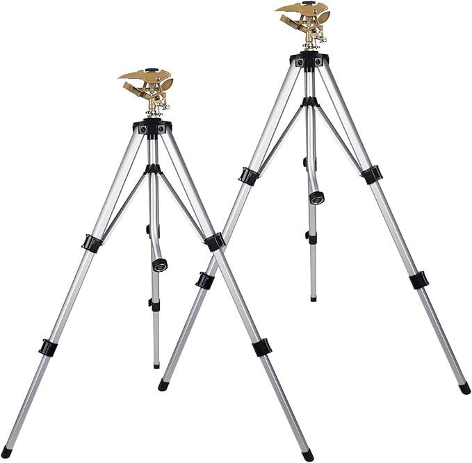 Biswing Large Impact Sprinkler Head on Tripod Base Adjustable Zinc Alloy Lawn Sprinklers for Yard Lawn Garden 3/4 NH Connector 360 Degree Large Area Coverage Irrigator with Extension Legs 2 Pack
