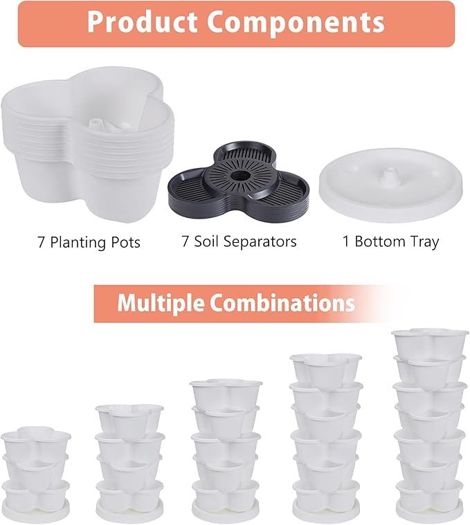VECELO 7 Tier Vertical Garden Planter Self Watering Stackable Planters with Wheels for Strawberries Herbs Flowers Vegetables White