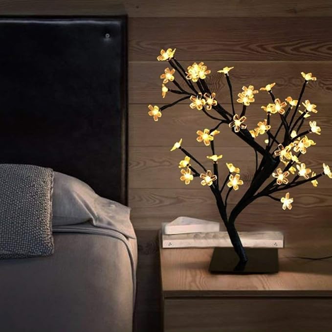 Cherry Blossom LED Bonsai Tree Lamp 24 Warm White Lights USB Powered Artificial Decor for Home Office PVC 32cm