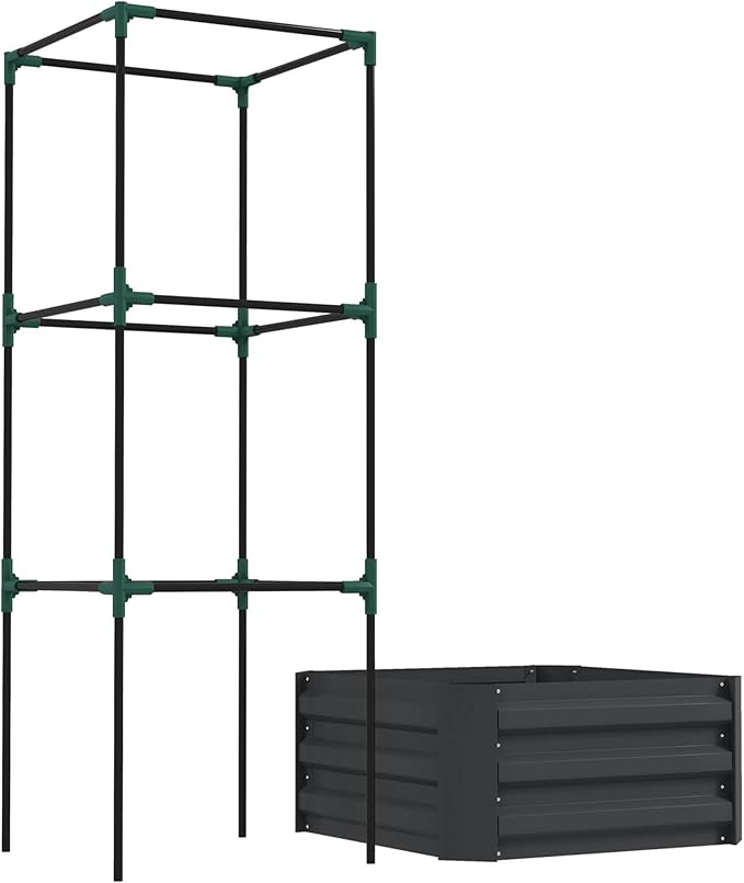 Outsunny Galvanized Raised Garden Bed 55 Tall Outdoor Planter Box with Trellis Tomato Cage and Open Bottom for Climbing Vines Vegetables Flowers in Backyard Garden Patio Dark Gray