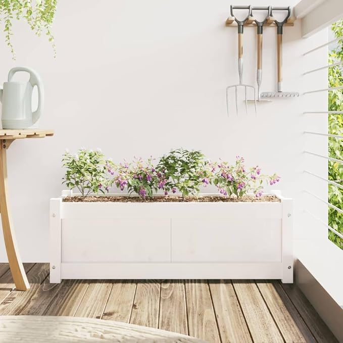 White Solid Pine Wood Garden Planter Rectangular Raised Bed for Outdoor Plants 35.4 x 35.4 x 12.2 inches Durable Decorative Inlays