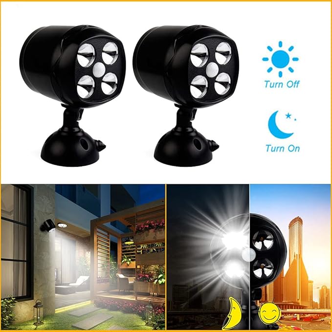 cjc Outdoor Motion Light Motion Sensor Spotlight Wireless Battery Operated Weatherproof Wall LightLighting for Patio Garden Garage Pathway-16W 600 Lumens 4 LED Security Lights (2 Pack)