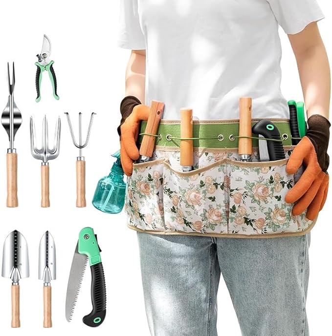 Gardening Tools Set 9-Piece Heavy Duty Hand Tools Weed Puller Tool Pruning Shears Bonsai Tools Hedge Clippers Garden Shovel Garden Scissors with Fashion Organizer Handbag Gift for Women mom