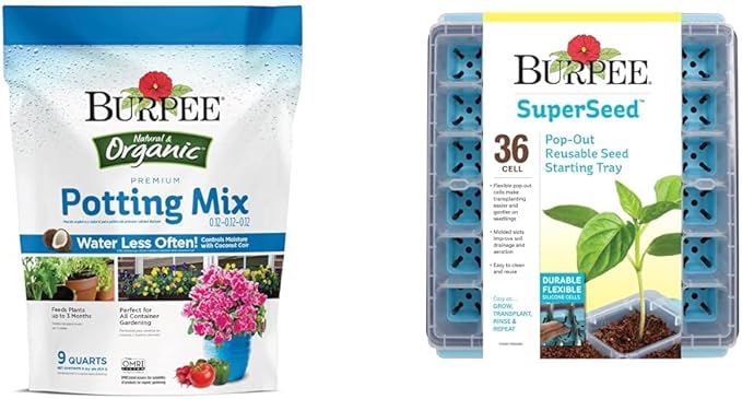 Burpee 9 Quarts | Premium Organic Potting Natural Soil Mix Food &amp SuperSeed Seed Starting Tray | 36 Cell Reusable Seed Starter Tray