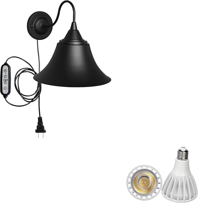 Hook Mounted Plant Light Full Spectrum 6000K 25W White Light Timing Plug in Cord Industrial Style Black Wall Lamp for Indoor Plants Flowers Growing