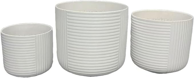 Planter Set of 3 White Ceramic Ribbed Texture Pots 12 10 8 Inch
