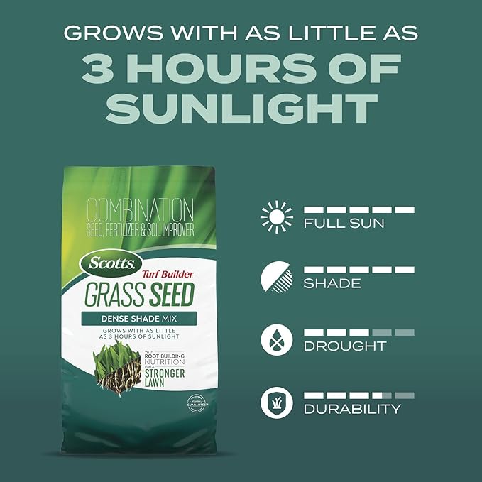 Scotts Turf Builder Grass Seed Dense Shade Mix with Fertilizer and Soil Improver Grows With Little Sunlight 2.4 lbs.