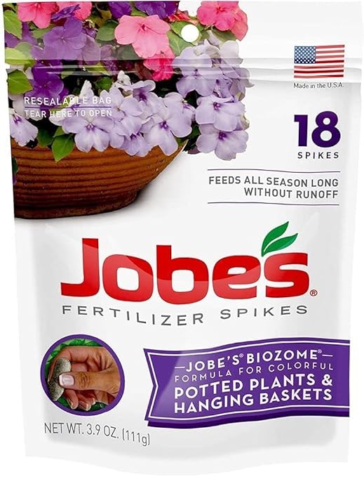 Jobe's Fertilizer Spikes for Flowering Plants 8-9-12 Time Release Fertilizer for Hanging Baskets andPotted Plants 18 Spikes per Package (4 Pack)