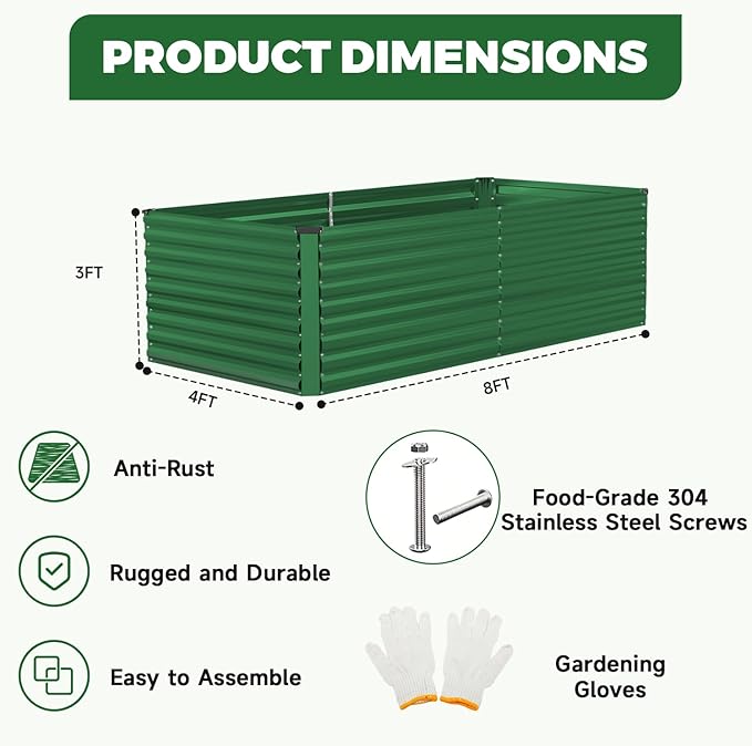 8x4x3 ft Raised Garden Bed Large Metal Planter Raised Beds Planters for Outdoor Plants for Vegetables Flowers Herbs Fruits and Succulents.(2 Pcs Green)