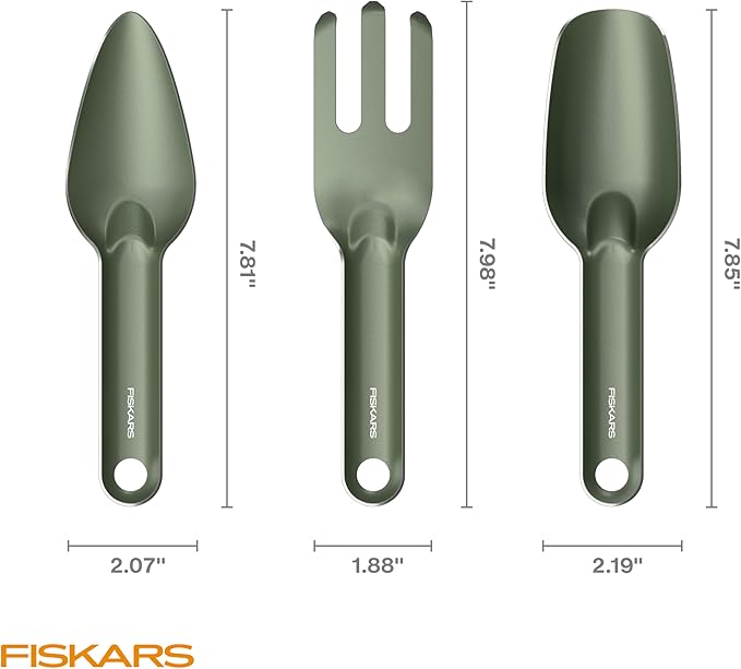 Fiskars 3-Piece Cultivating Tool Set Nesting Trowel Soil Scoop &amp Cultivator for Indoor Gardening Stainless Steel with Powder Coat Finish Space Saving Design for Repotting Houseplants Black