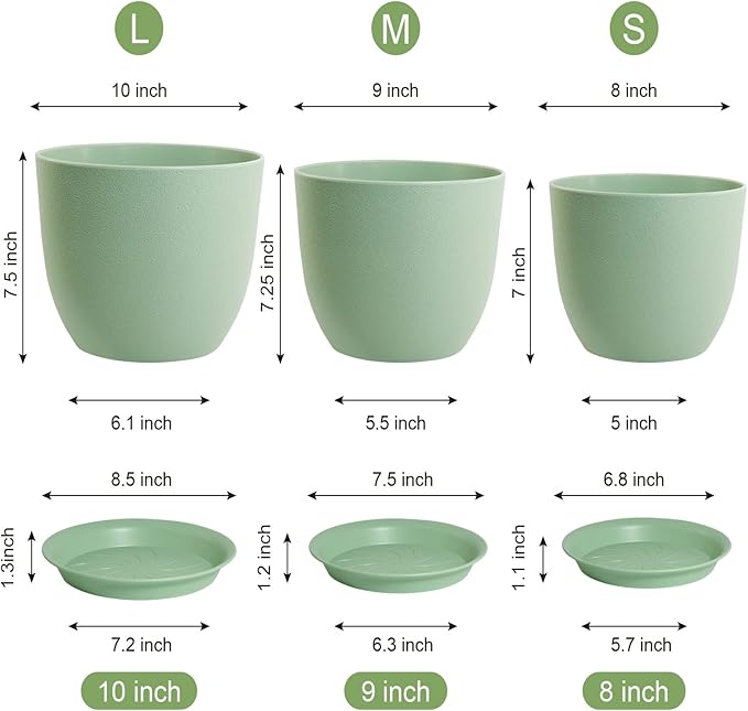 WOUSIWER Plant Pots 10/9/8 inch Set of 3 Modern Decorative Plastic Planters with Drainage Holes and Saucers for House Plants Indoor Flowers Plants Green