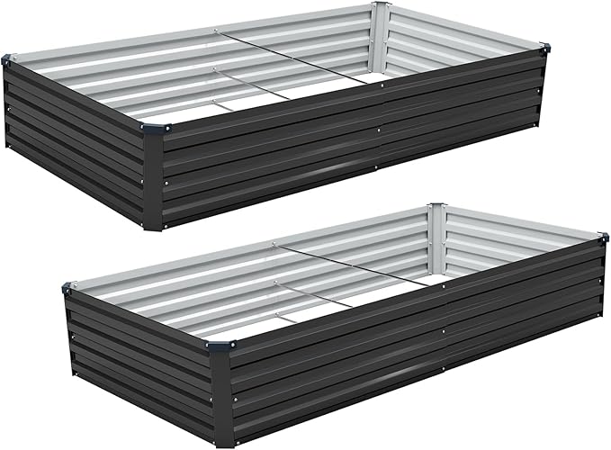 2 Pack 6x3x1FT Galvanized Raised Garden Bed Kit Outdoor Metal Planter Box for Vegetables Bottomless Rectangular Gardening Bed with Support Rods Tool-Free Assembly Black