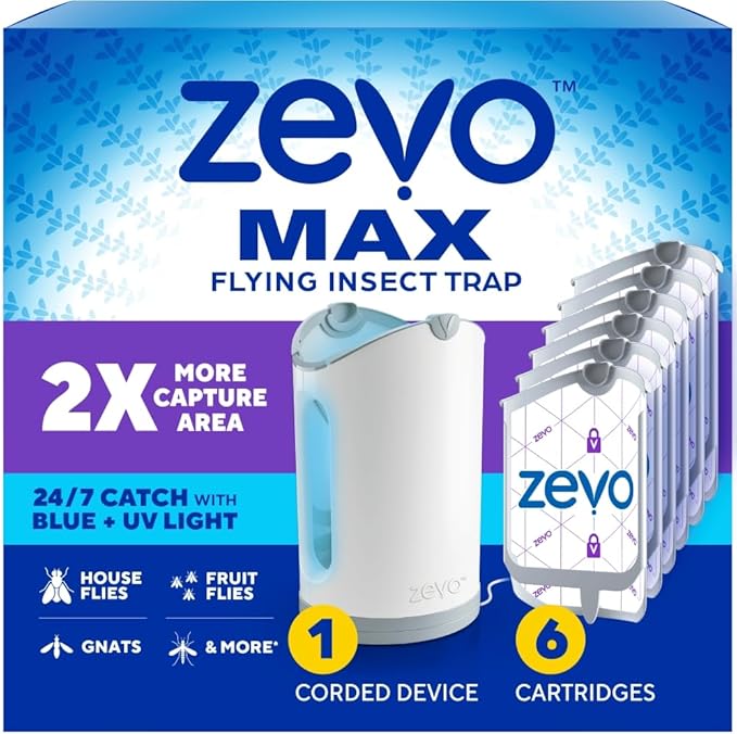 Zevo MAX Bug Catcher &amp Fly Trap for Indoors - Flying Insect Trap for Gnats House &amp Fruit Flies - Use in Any Room - No-Mess Disposal (1 Plug in Base &amp 6 Cartridges)