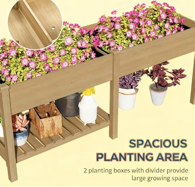 Elevated Garden BedWood Raised GBoxwith Side TableBottom ShelfBed Liners and Drainage Holes