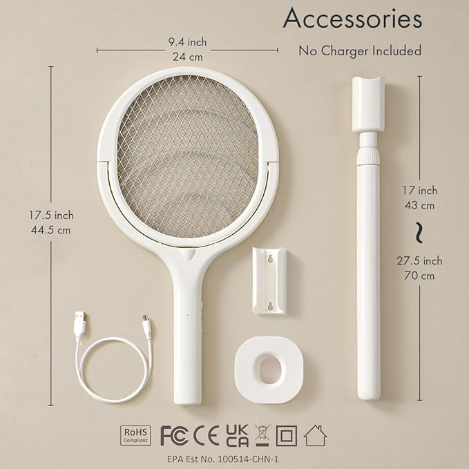 GeckoMan Rotating Head Electric Fly Swatter Racket Rechargeable Bug Zapper Racket Bug Zapper Indoor Fly Zapper Mosquito Zapper Flies Killer for Indoors with a Telescopic Extension