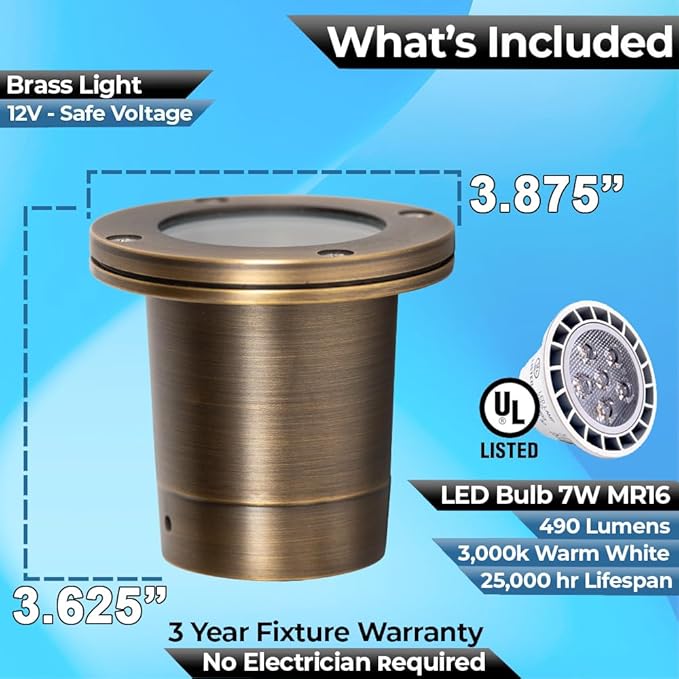 LED Spot Lights Outdoor Landscape Lighting Well Lights 177 - Solid Brass In Ground Light with 7W LED Bulb Security Landscape for Long Lasting Home Garden Low Voltage Light