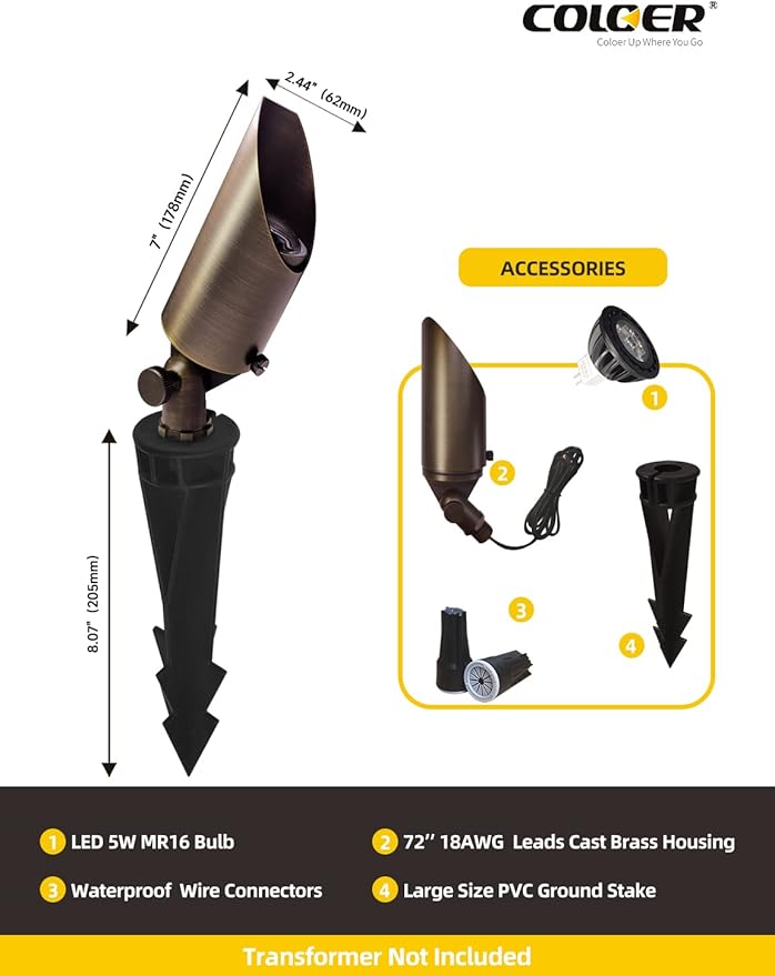 COLOER Die-cast Brass Landscape Spot Lights Outdoor with 5W Aluminum Housing LED MR16 Bulb 2700K 450LM 12V AC/DC Low Voltage LED Landscape Lighting Outdoor Directional Up Light(103B 1-Pack)