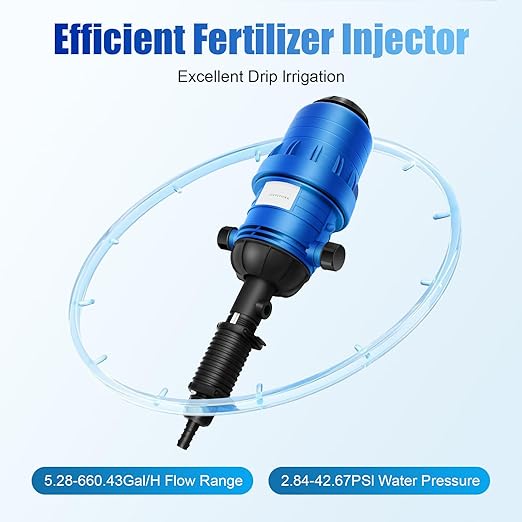 Drip Irrigation Injector Dosing Pump 0.4-4% Water Powered Liquid Doser Fertilizer Injector 5.28-660.43Gal/H Flow Water Powered Drip Feeder Drip Irrigation Injector for Industry Garden Hose Blue