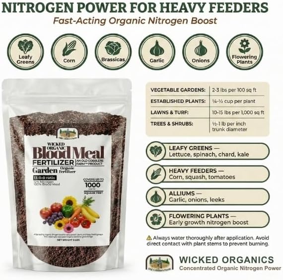Old Cobblers Farm™ Wicked Organics Blood Meal – High-Nitrogen Soil Booster for Lush Lawn &amp Vigorous Garden Growth | Promotes Greener Foliage &amp Strong Roots | (5 lbs | 10 lbs | 15 lbs | 20 lbs)