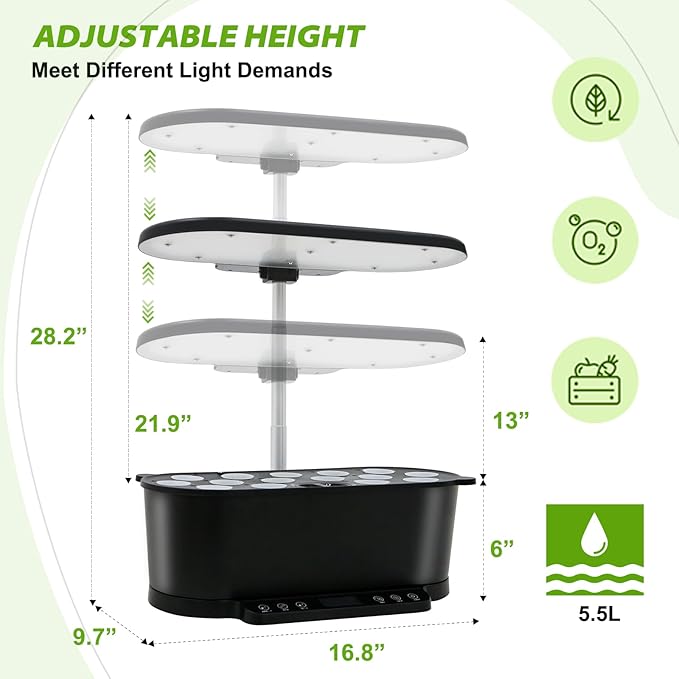 EAGLE PEAK 15 Pods Hydroponics Growing System with WiFi 5.5 L Water Tank Smart Indoor Plants Germination Kit with LED Grow Light Pump System Adjustable Height for Home Kitchen Gardening Black
