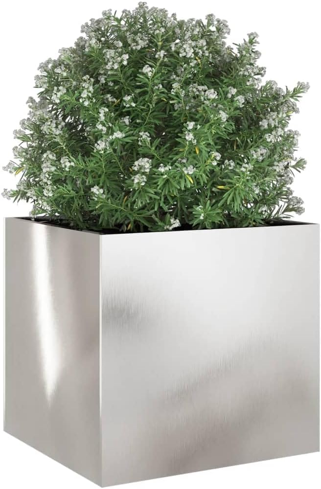 Stainless Steel Rectangular Planter 18.5x19.3x18.1 in Modern Elevated Garden Box for Indoor Outdoor Patio Silver Large Metal Raised Bed with Decorative Inlays