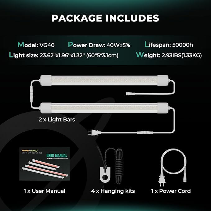 MARS HYDRO VG40 2ft Grow Lights for Indoor Plants 5000K Full Spectrum 2x2 Coverage IP65 Waterproof Linkable Under Canopy LED Plant Light Strip for Seedling Veg Flower Plug and Play 2-Pack 40W