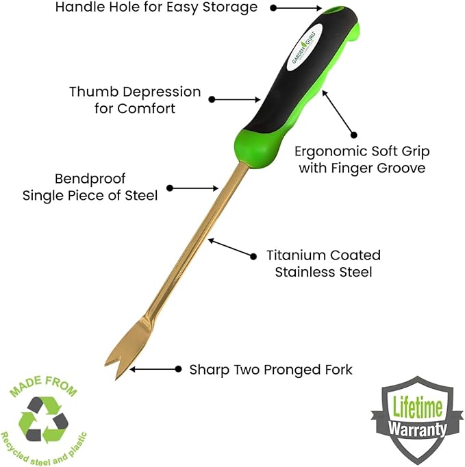 Garden Guru Titanium Dandelion Weeder Tool - Rust Resistant - Ergonomic Handle - Weed Puller for Planting Weeding Flower and Vegetable Care in Lawn Garden Yard (4 Pack)