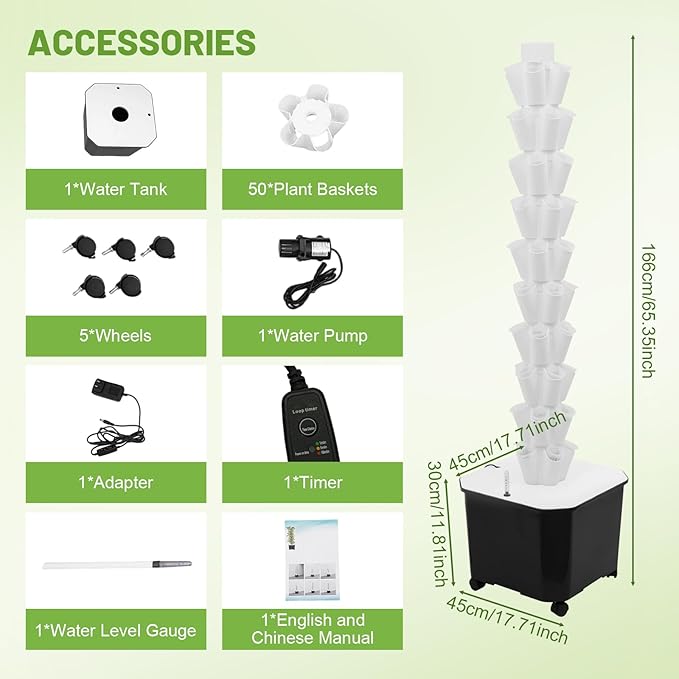 10 Layer Hydroponic Towers Growing System 50 Pods Hydroponic Grow Towers Kit with Water Pump and Movable 11.89Gal Water Tank Indoor/Outdoor for Vegetable Strawberries Lettuce (White)